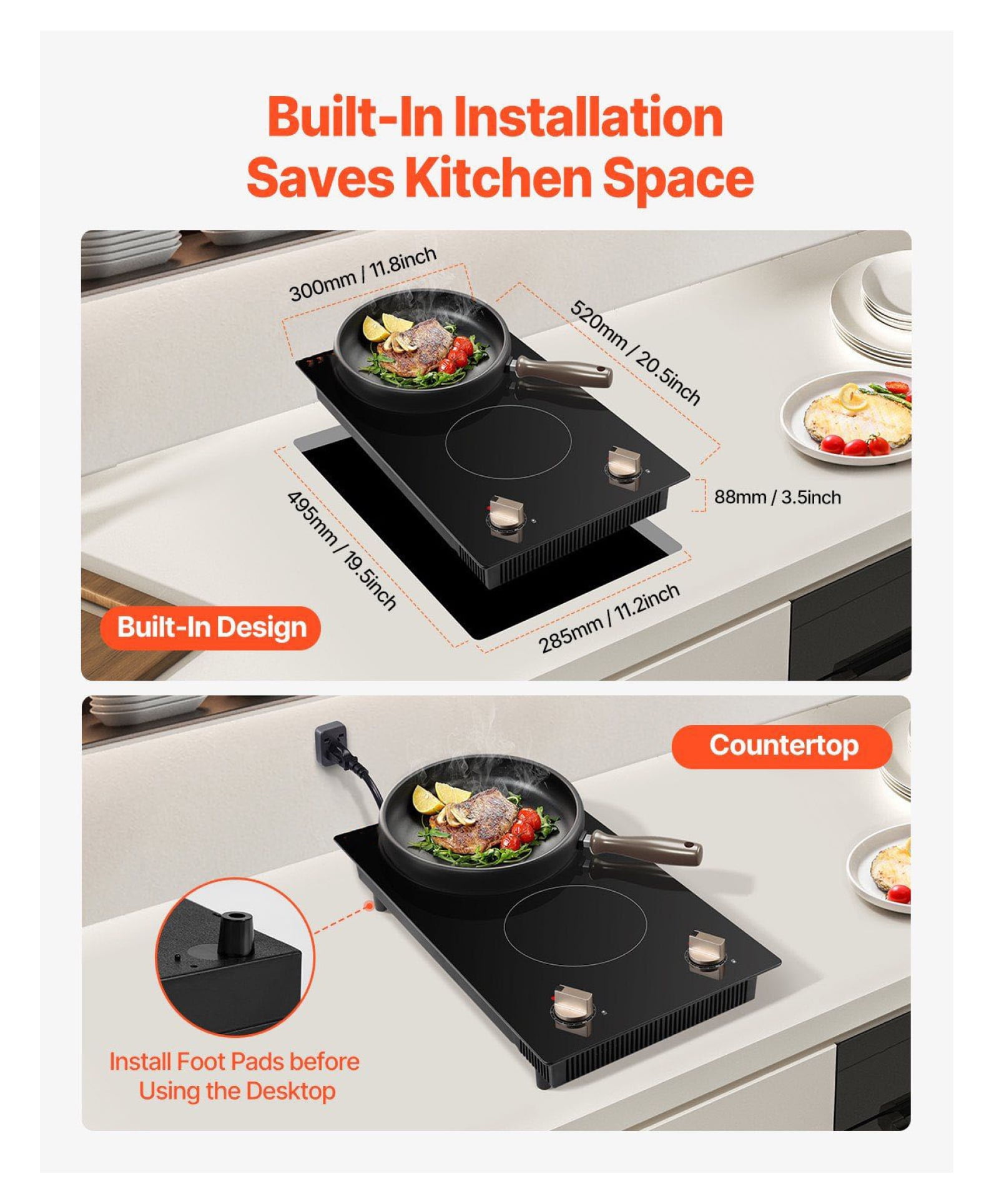 1800W 2 Burner Induction Cooktop, Electric Countertop Stove, Knob Control, Built-in Cooktop for Kitchen, 12 Power Levels, Compatible Cookware, Safety Features