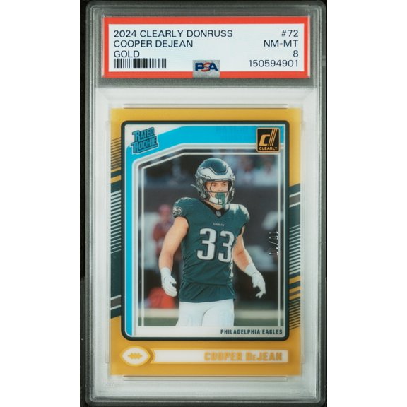 Collectible Graded 2024 Panini Clearly Donruss Cooper Dejean Gold Rated Rookie #72 PSA 8 10/10 Eagles Football Card