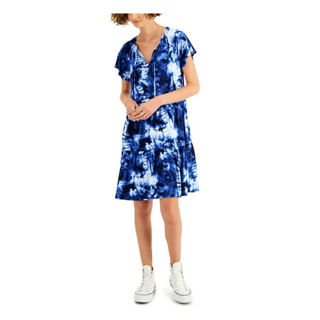

STYLE & COMPANY Womens Navy Stretch Ruffled Pull-on Style Tie Dye Short Sleeve Tie Neck Above The Knee Shift Dress XL