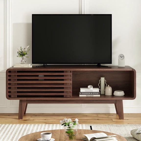 Kadyn Mid-Century TV Stand for Up to 59" TVs with Sliding Door Cabinet, Living Room Media Console, Walnut