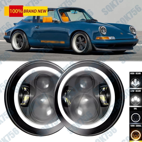 Pair Halo Angle Eyes 7" Round LED Headlights For Porsche 911 912 914 924 928 944