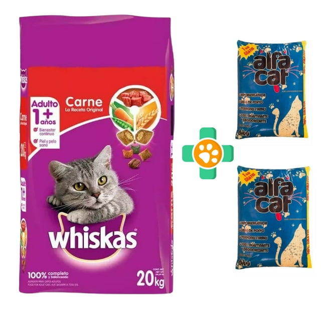 Alimento Para Gato Whiskas Orignal Sabor Carne de 20 kg + Arena Alfa Cat de 12 kg