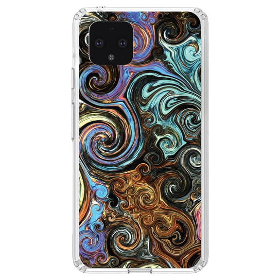 DistinctInk Clear Shockproof Hybrid Case for Google Pixel 4 (5.7" Screen) - TPU Bumper, Acrylic Back, Tempered Glass Screen Protector - Gold Brown Black Blue Abstract Swirls - Abstract Swirls
