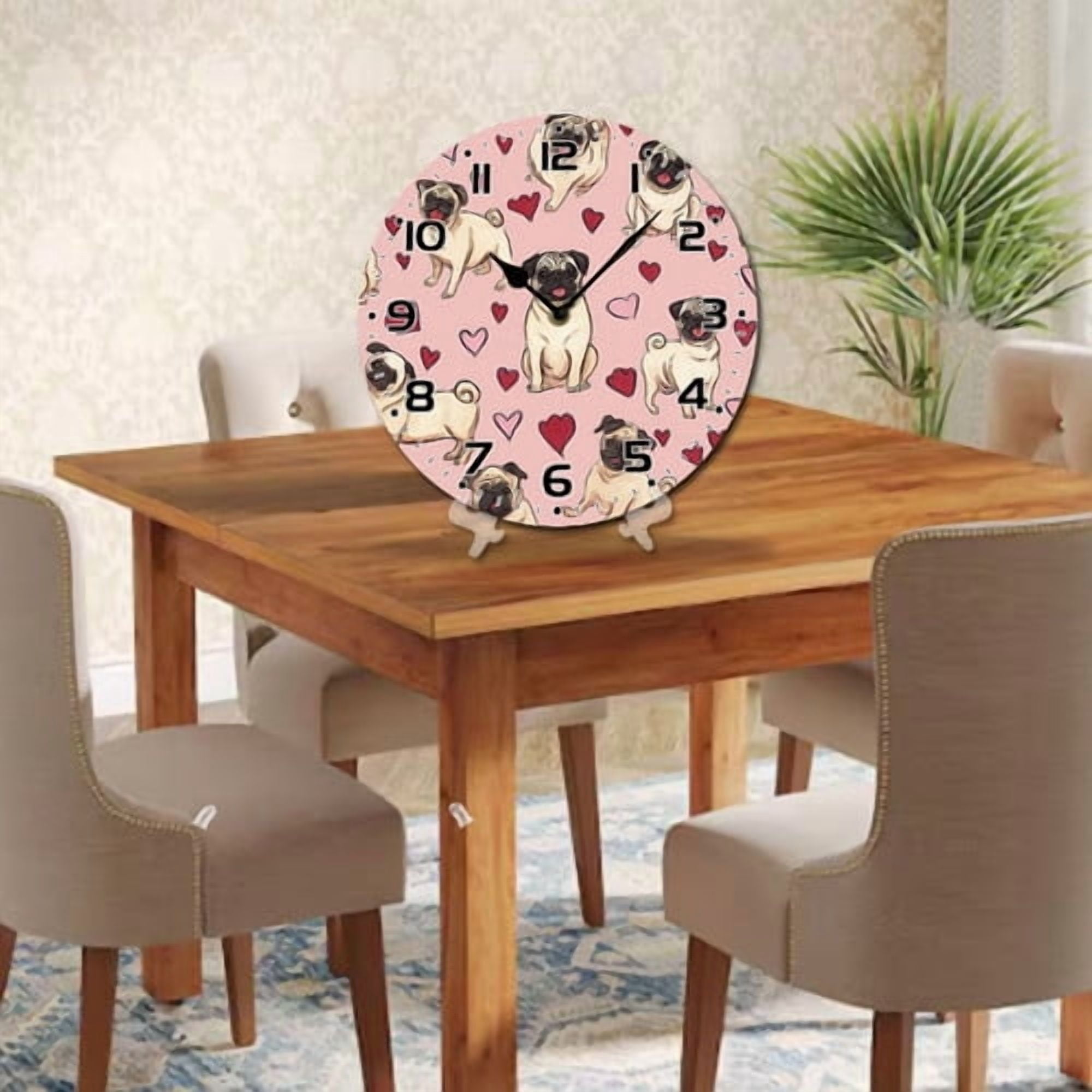 ZXCXRQFa Silent Clocks Cute Pug Themed Clock Home Decor Round Wood 10 Inch Wall Clocks Non Ticking Silent Clock Art for Living Room Kitchen Bedroom Decorative