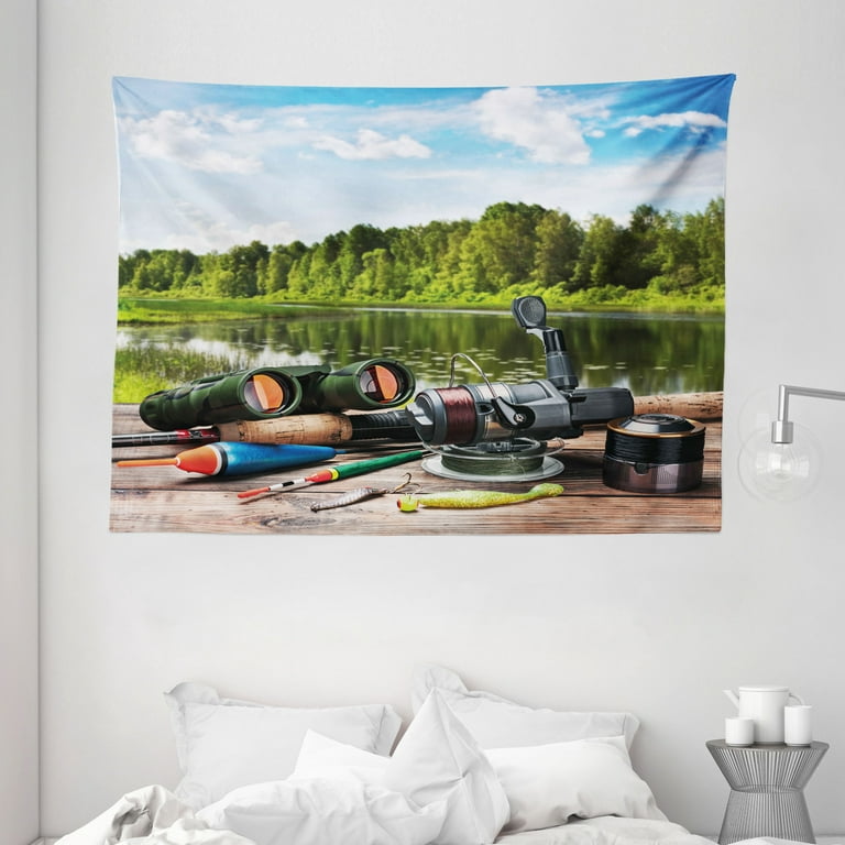 Hunting Decor Tapestry, Fishing Tackle on a Pontoon Lake in the