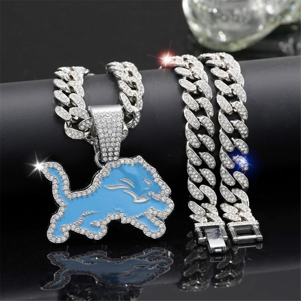 Men Women Hip Hop Personalized Trend Blue Lions Football Team Pendant Necklace 15mm Crystal Cuban Chain HipHop Iced Out Bling Necklaces Fashion Charm Jewelry