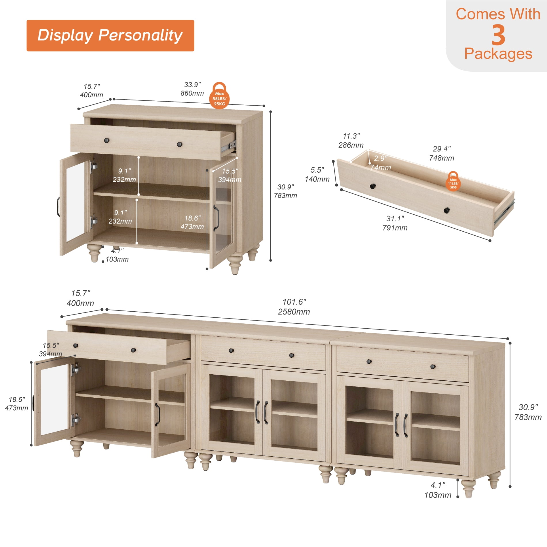 TV Stand For 100 Inch TV Inch TV, 3-In-1 TV Console Table For 75/80/85/90 Inch TV, Entertainment Center With 3 Drawers And 6 Doors, Beige