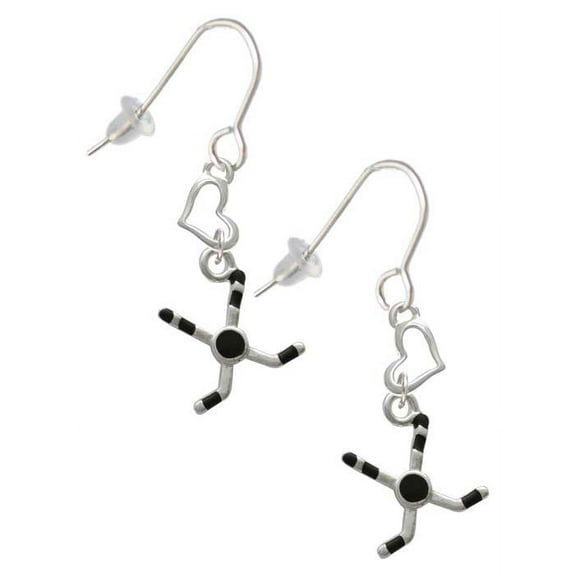 Silvertone Hockey Sticks with Puck Heart French Earrings