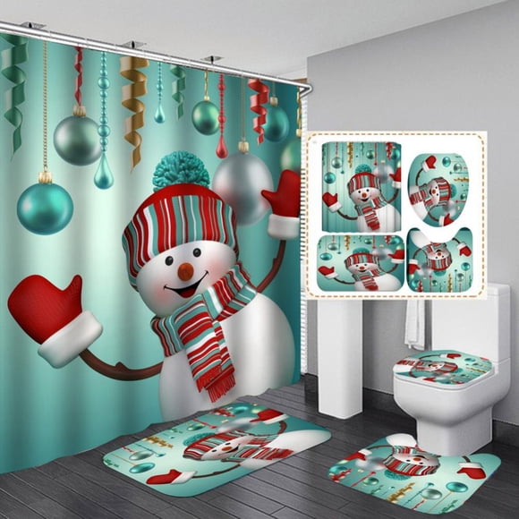 HLONK 4Pcs Christmas Snowman Shower Curtain Set Bath Mat Toilet Cover Rug Xmas Home Bathroom Decor
