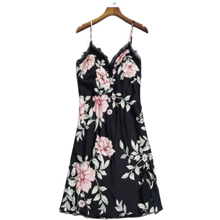 

Womens Satin Babydoll Lingerie Night Dress Floral Sling Padded Lace Sleepwear V Neck Short Strap Nightdress