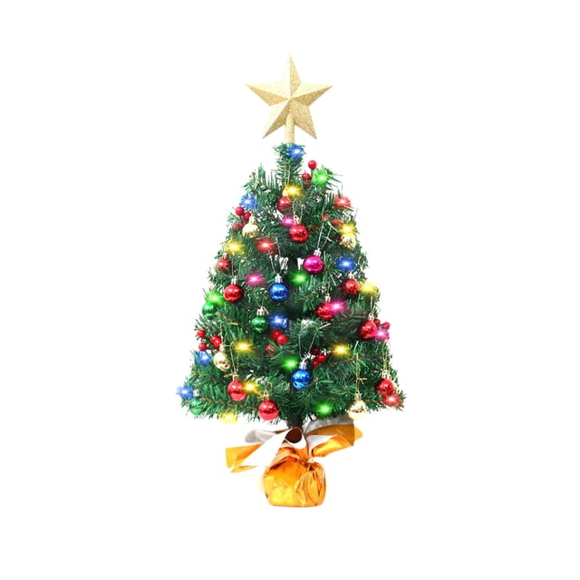 Yhmxh Tabletop Mini Christmas Tree, Mini Xmas Pine Tree with LED String Lights, Miniature Pine Christmas Tree with Hanging Ornament, Battery Operated Artificial Xmas Tree, Xmas Decoration Tree Decor