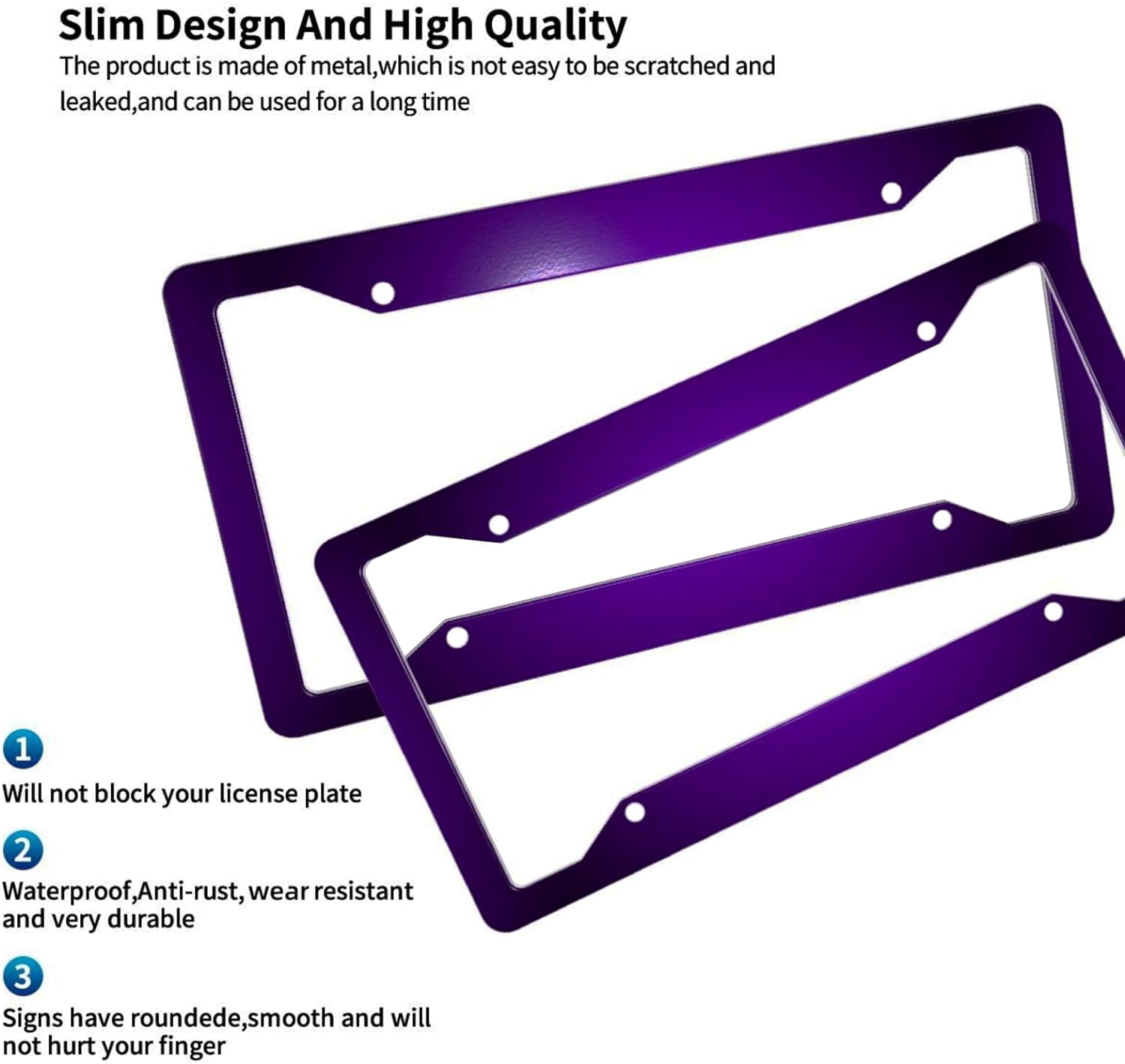 Purple License Plate Frame 2 Packs Purple Car Accessories  Metal License Plate Holder, Weather Proof, Rust-Proof  Size