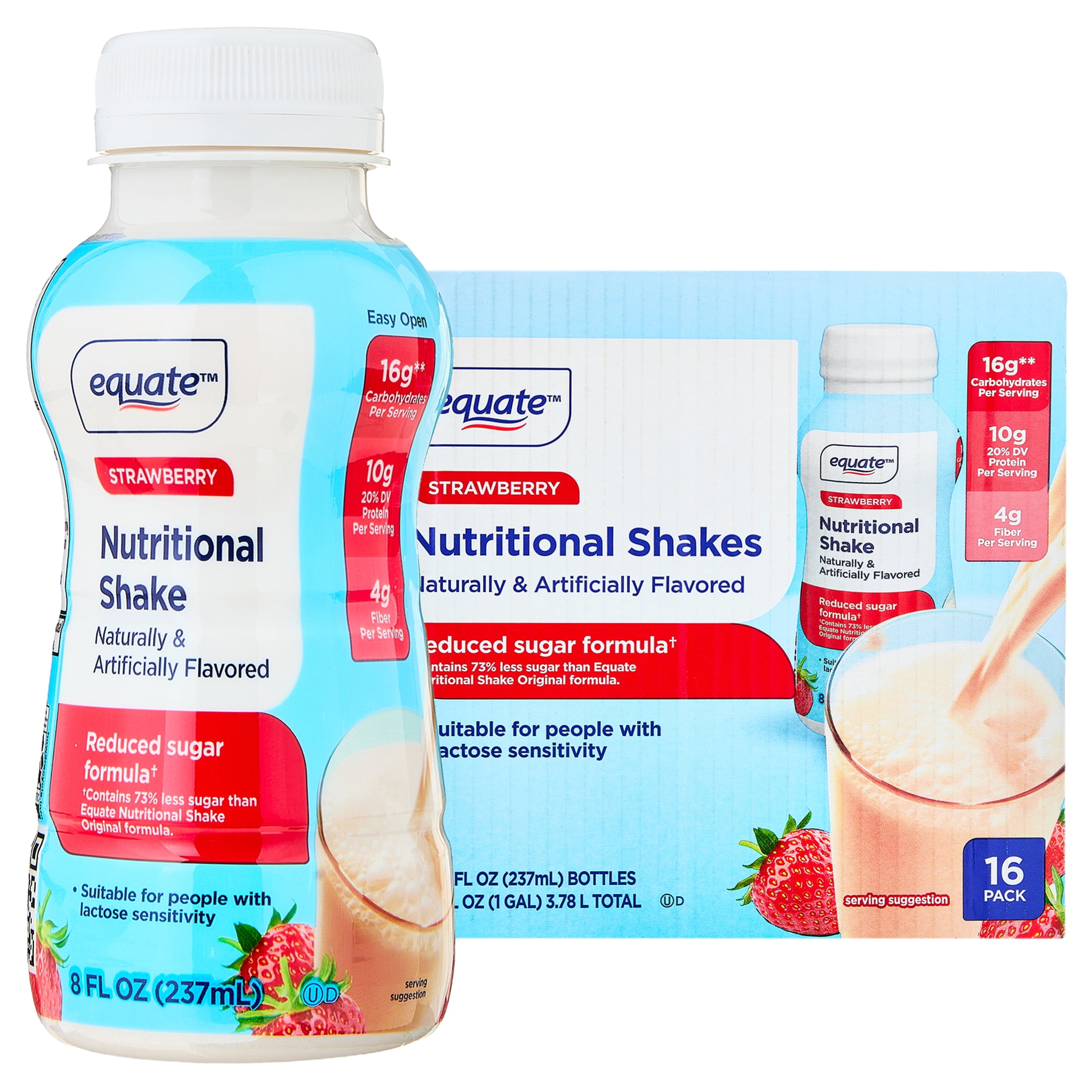 (2 pack) Equate Reduced Sugar Formula Nutritional Shakes, Strawberry, 8 fl oz, 16 Count
