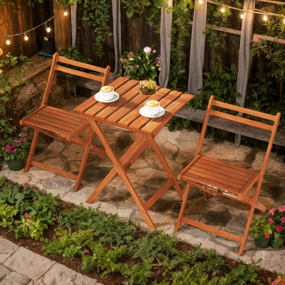 Spaco 3-Piece Solid Wood Dining Set with 2 Folding Chairs, Sturdy Wood Table and Chair Set for Patio, Garden, Backyard, Brown