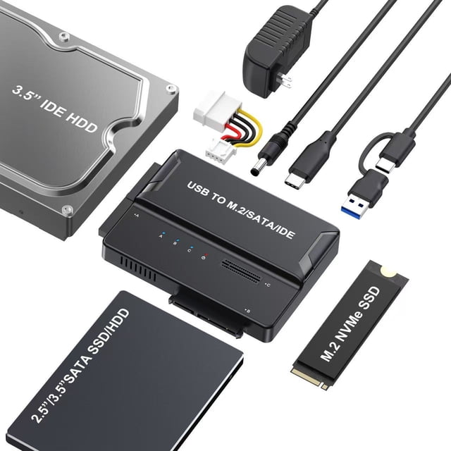 Carcasa 3 en 1 M.2 NVMe / SATA / IDE, Adaptador Lector de Disco Duro Externo USB 3.2 Portátil 10Gbps sin Herramientas para M.2 NVMe SSD (2230/2242/2260/2280), M.2 SATA SSD, HDD/SSD SATA de