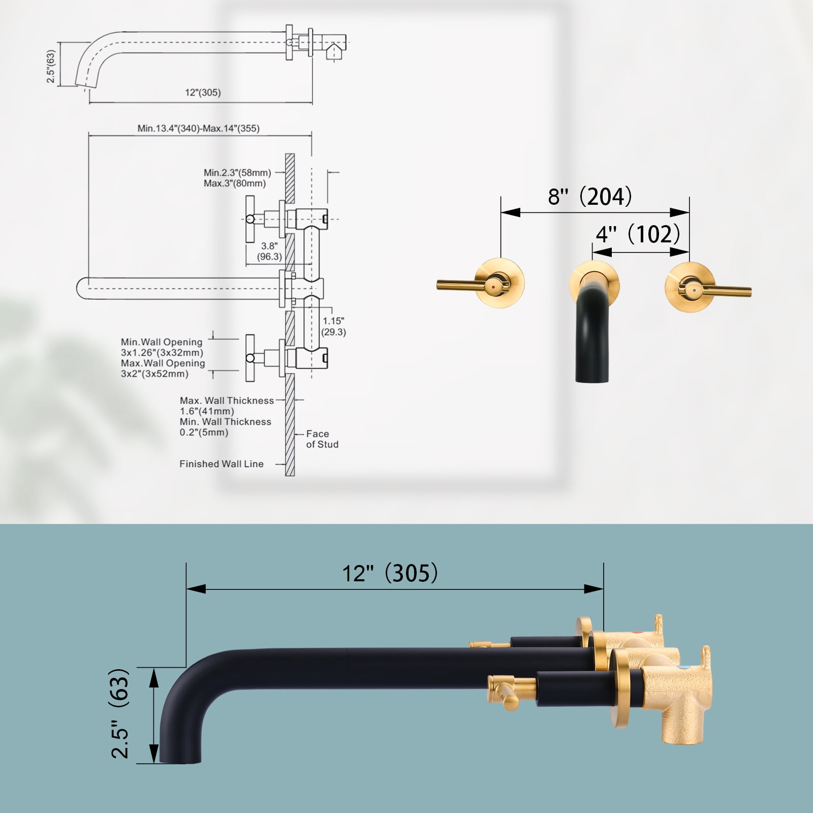 Wowow Cross Wall‑Mounted 2‑Handle Roman Tub Faucet with 12 in. Long Spout in Black and Gold, Brass Construction