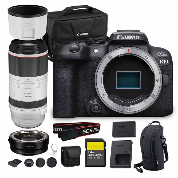 Canon EOS R10 Mirrorless Camera 24.2MP APS-C Sensor 4K Video Dual Pixel AF Compact Lightweight Vlogging Travel Camera (5331C002)   Canon RF 100-500mm Lens   Adapter EF-EOS R   64GB Card   Bag