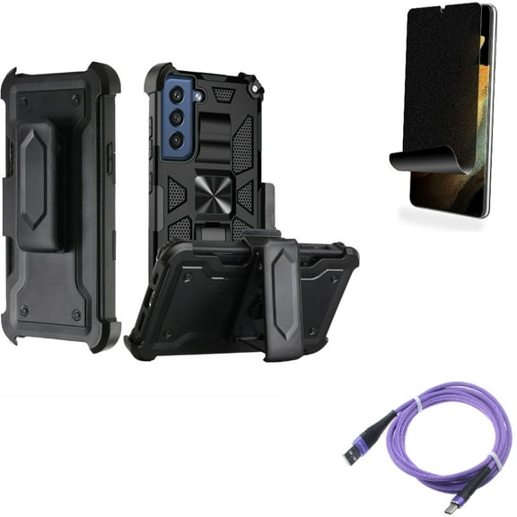 10ft USB Cable & Case Belt Clip & Privacy Screen Protector for Samsung Galaxy S22 Plus (S22 ) - Combo Purple Type-C Charger Cord & Holster Swivel Cover & TPU Film (Fingerprint Works) Anti-Peep