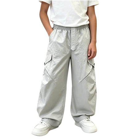Hduncf Boys Cargo Baggy Pants Hip Hop Loose Fit Casual Pants Lightweight Waterproof Trousers with Multi Pockets Gray 9-10 Years