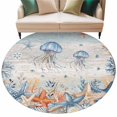 thumbnail image 2 of Oceans Marine Life Round Living Room Rugs 8 ft, Orange Blue Jellyfish Starfish Retro Wooden Washable Large Area Rug with Non-Slip Sturdy Edge Binding Round Carpet for Dining Room Kitchen Office, 2 of 9