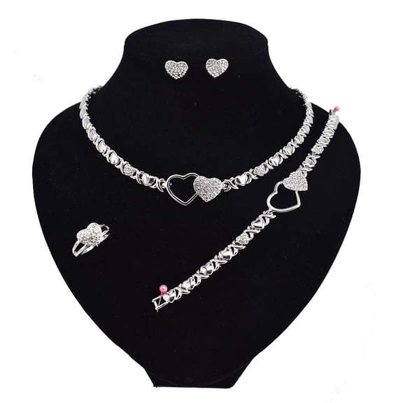 Women's Hugs & Kisses XOXO Necklace Set Double Heart Charm Includes Ring Bracelet & Earrings set 18k Layered Real Gold Plated (Silver)