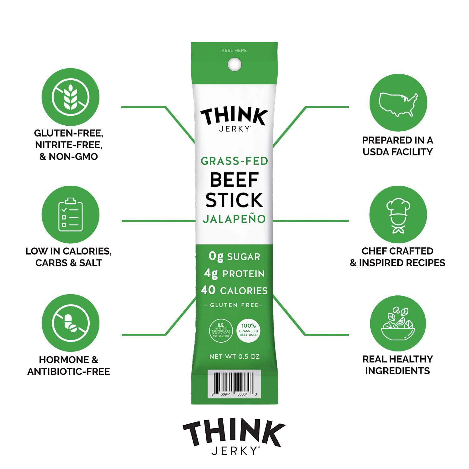 Think Jerky Jalapeno Beef Sticks, Gluten and Sugar Free, No Nitrates, Keto Paleo Friendly High Protein Low Carb Meat Snack - 0.5 oz Sticks, 20 Pack