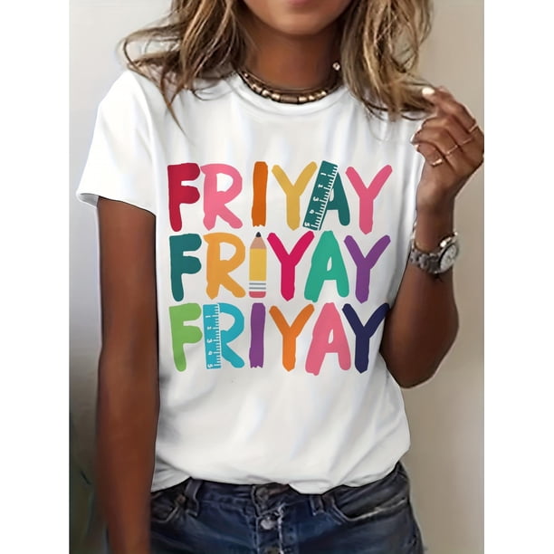 Happy Friday Teacher Mom Life" Graphic Tee - Casual Crew Neck Short Sleeve Top for Women, Stretchy Cotton, Perfect for Spring & Summer, Letter Print, T-shirt