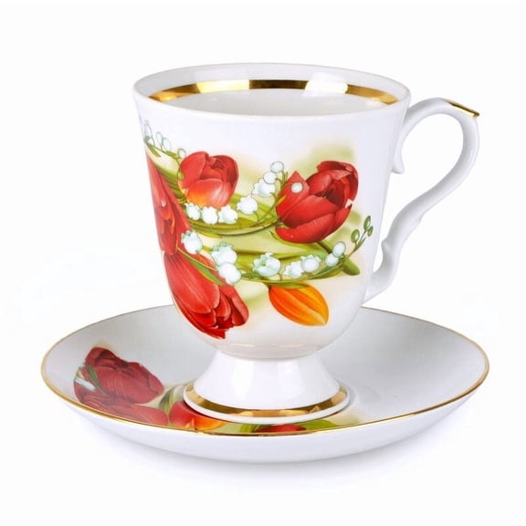 Dulevo Tender May Porcelain Mug and Saucer 20.3 fl oz (600 ml) Gold Teacup and Saucer Set for One Kitchen Tea and Coffee Cup for Home, Red Green White
