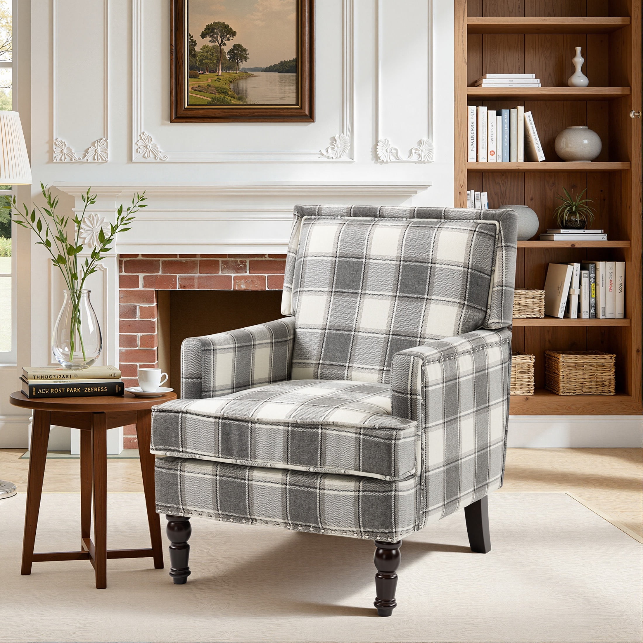 LEGAHOME Vintage Accent Chair, Upholstered Armchair with Nailhead Trim, Linen Fabric Arm Chair Comfort Reading Chair Lounge Chair for Living Room Bedroom Sunroom, Antique Grey(1PC)