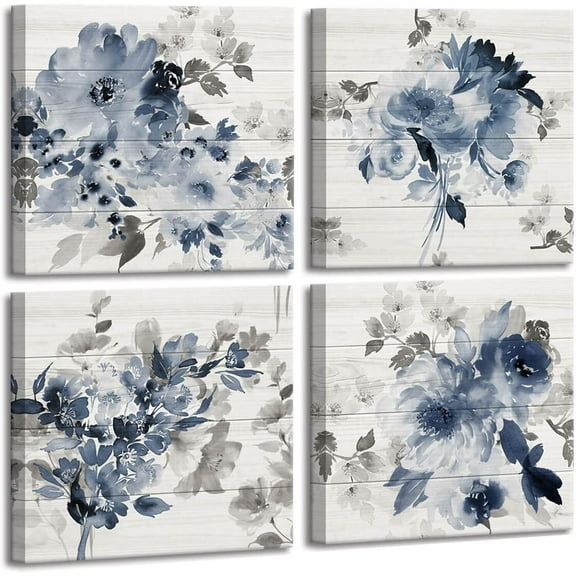 Blue Watercolor Flower Wall Art Pictures for Bedroom Wall Decor Kitchen Wall Art Blue Botanical Wall Art Bathroom Pictures for Wall Artwork for Home Walls Framed 14x14inch x4pcs