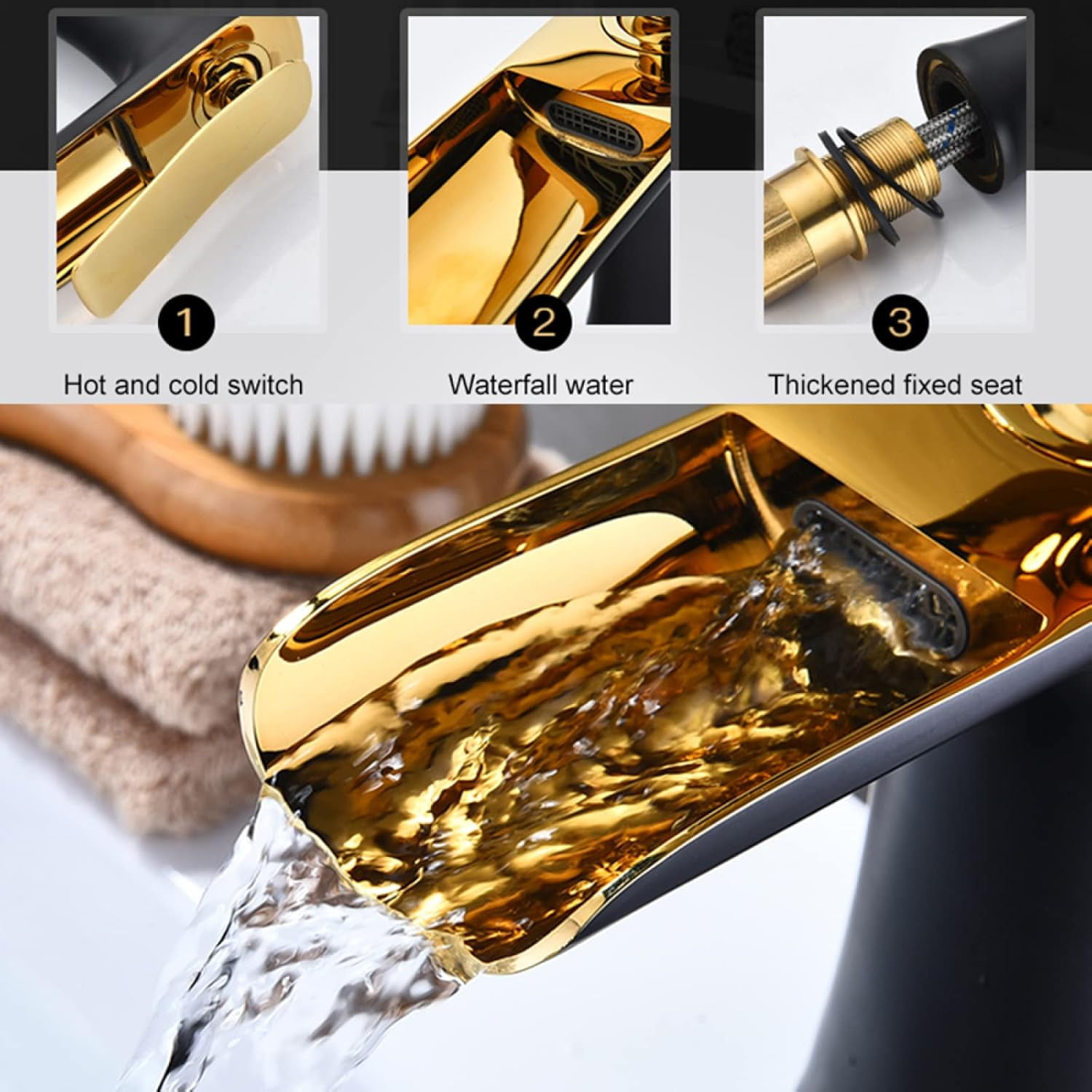 Waterfall Faucet for Bathroom Sink Brushed Gold, Solid Brass, Hot and Cold Water Mixer Tap, Waterfall Single Handle Bathroom Sink Faucet, High