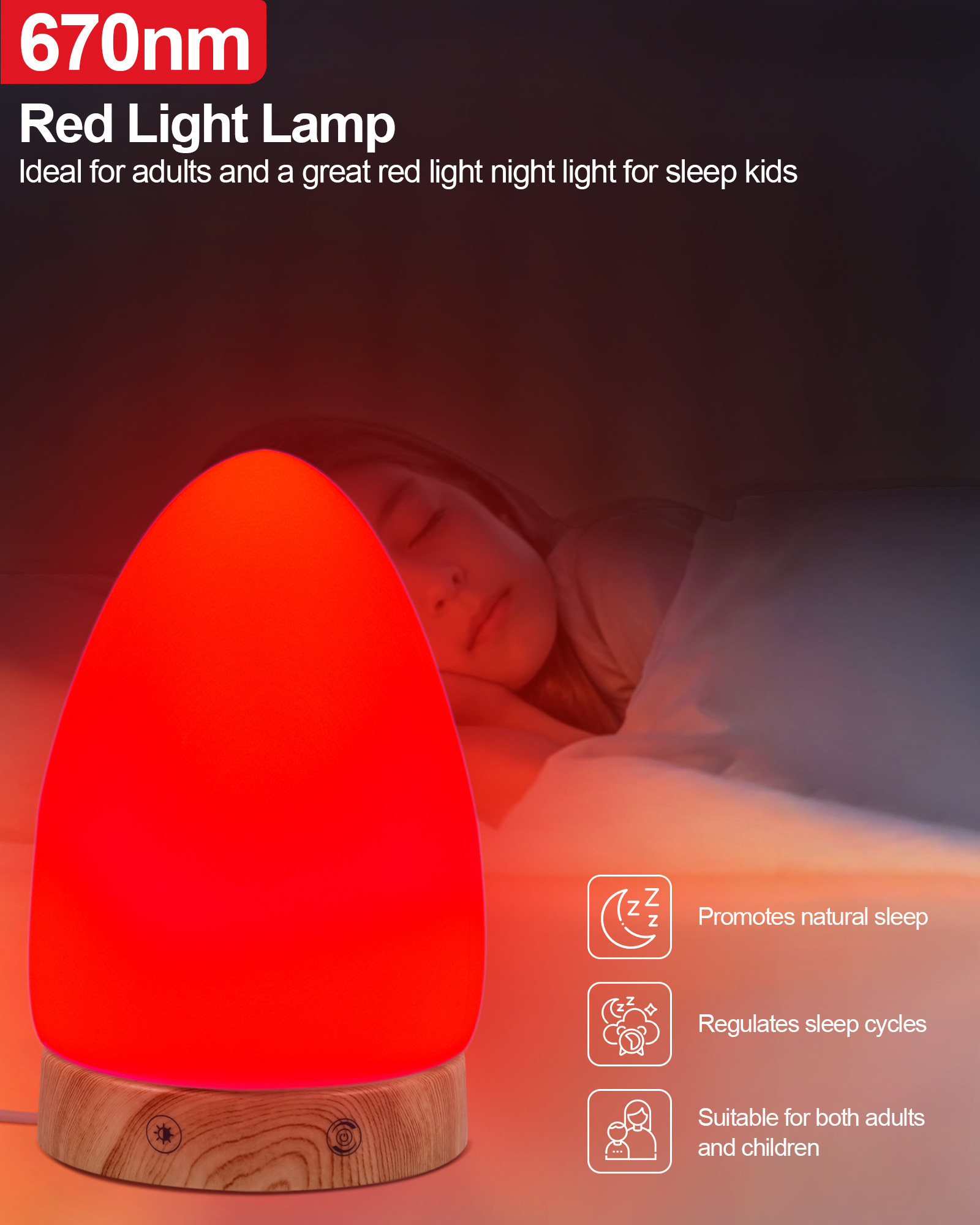 Red Light Night Light Lamp for Sleep, Red Nightlight Desk Lamp with 670nm Wavelength Multi-Color and Brightness Options Remote Control USB Charging Elegant Design