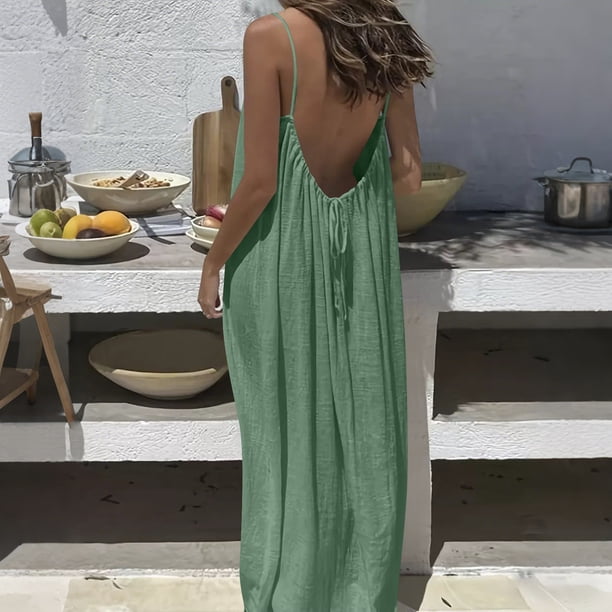 TaTaai Women's Backless Halter Maxi Dress Loose Fit Sleeveless Ankle Length Solid for Lounge Home Wear Casual Summer Daily Soft Gift