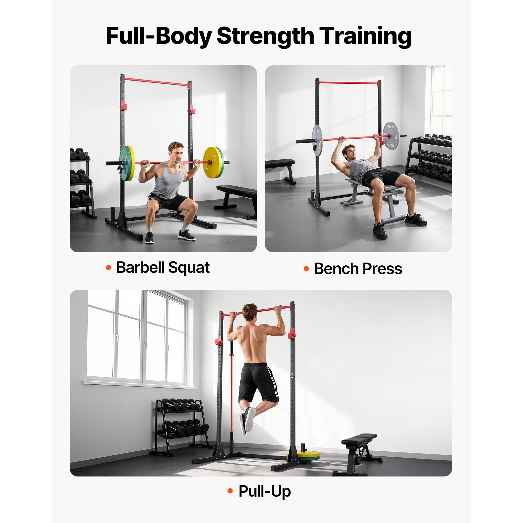 KFFKFF Power Cage Squat Rack, Versatile Workout Equipment with 28-Level Adjustable J-Hooks, 800LBS Capacity for Strength Training, Barbell Squats, Pull-Ups, and Weight Lifting at Home