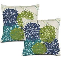 Green Navy Blue Pillow Covers 18x18 Inch, Sage Green Dahlia Flower Print Throw Pillow Covers Outdoor Decor Linen Cushion Case for Home Living Room Sofa Couch Bed, Set of 2