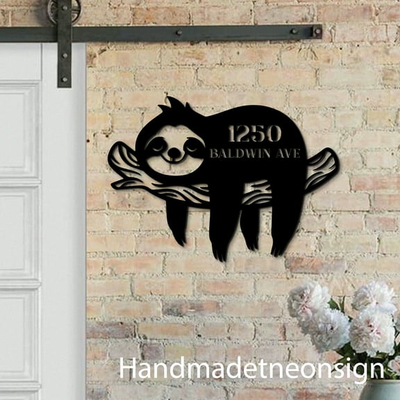 Handmadetneonsign Sloth House Number, Sloth Wild Animal Home Address Metal, House Address Sign 64671
