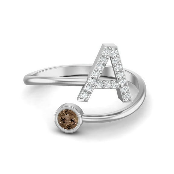 Capital A Initial Letter 3MM Round Smoky Quartz 925 Sterling Silver Women Adjustable Valentines Day Gifts Ring