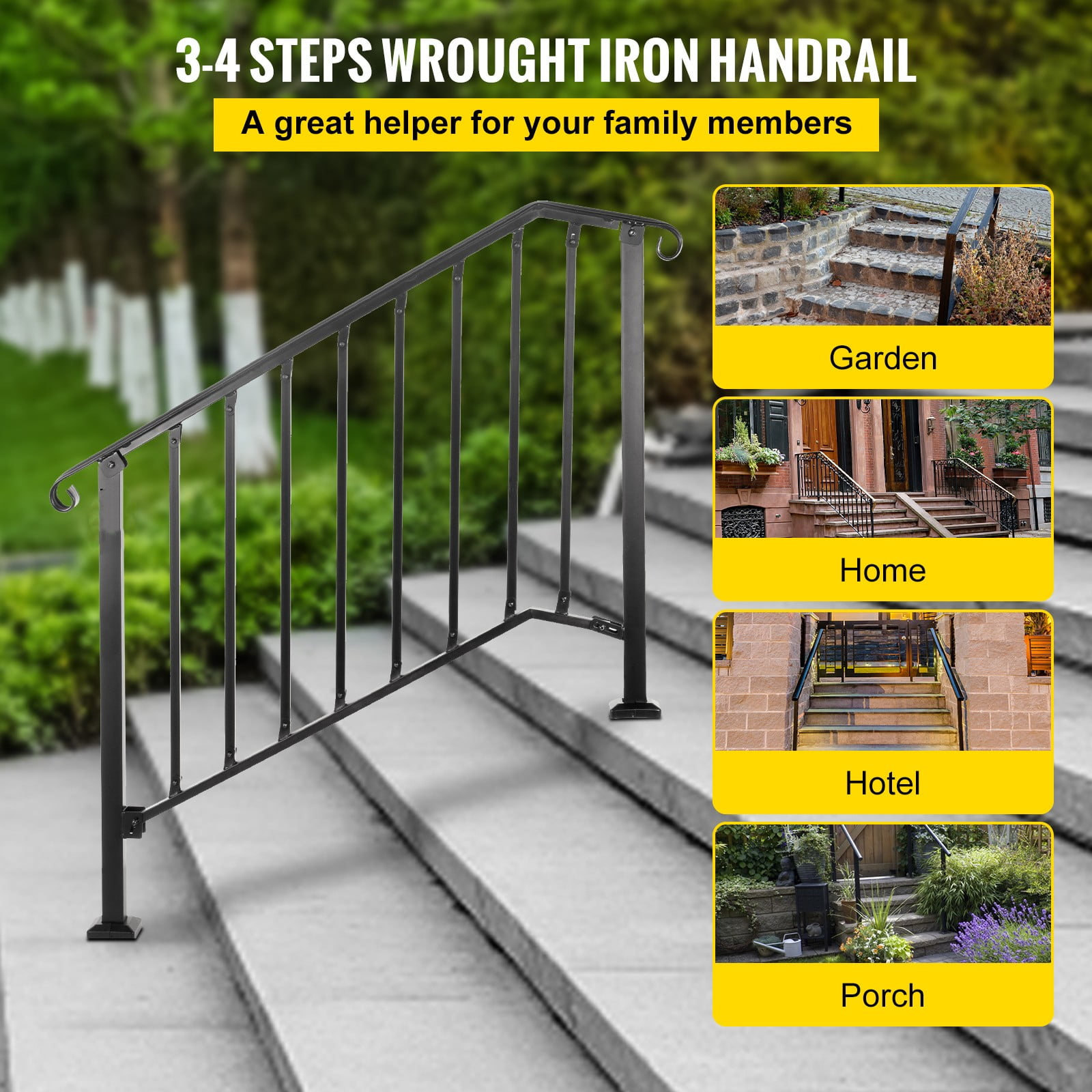 BENTISM Iron Handrail Picket Fits 3 or 4 Steps Stair Hand Rails for Outdoor Garden