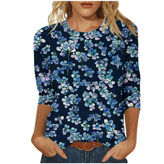 yoeyez 3/4 Sleeve T Shirts for Women Crew Neck Slim Fit Western T Shirts Floral Ladies Tops And Shirts Solid Basic Tees on Sale Dark Blue 2XL
