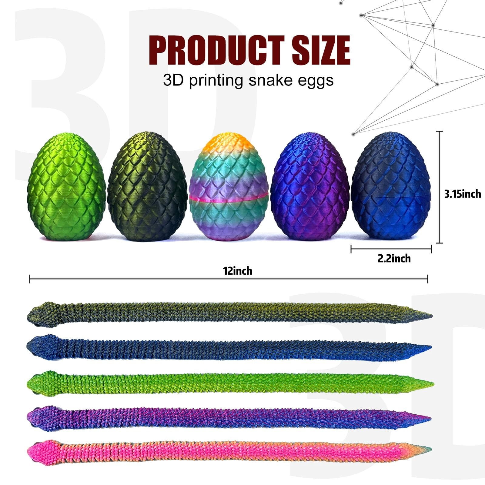 5PCS 3D Printed Snake Eggs 3D Printed Snake 3D Printed Snake Set Easter Eggs Articulated Snake Easter Basket Stuffers Mystery Snake Egg Fidget 3D Printed Animals