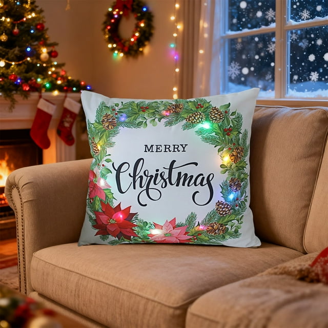 Cojín navideño LED con luces de colores | Funda de cojín con decoración festiva | Poliéster 45 x 45 cm | Diseño floral a pilas