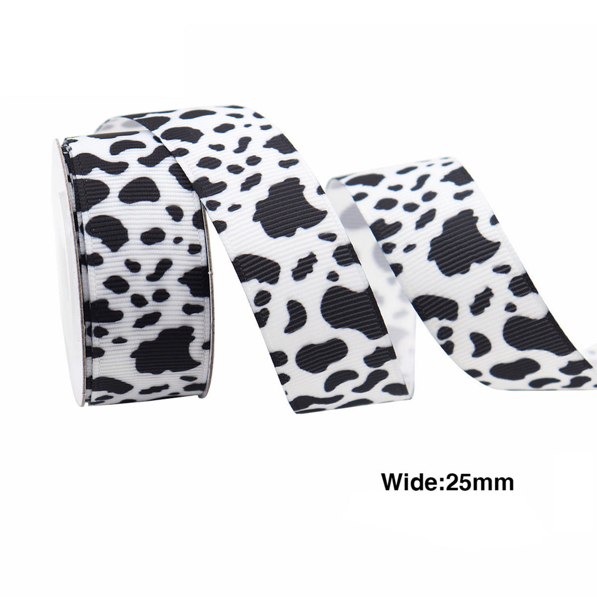 Cow print ribbon in black and white printed on 5/8 white satin
