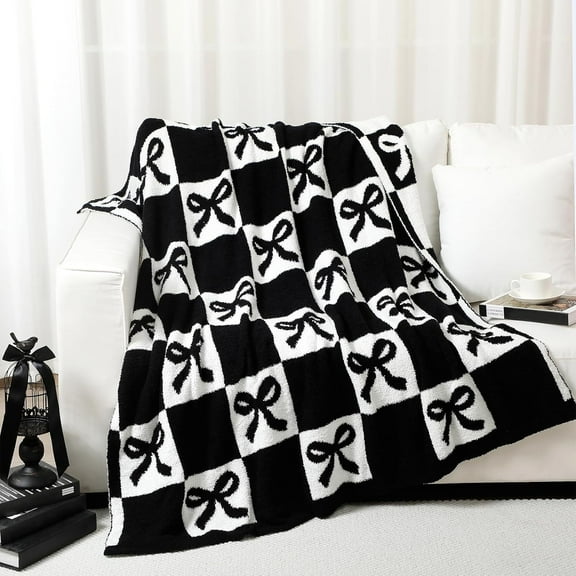 Kuscheln Black and White Bow Throw Blanket, 50 x 60 Inch Preppy Cute Flannel Throw Blankets, Cozy Soft Lightweight Plush Gift for Couch Sofa Bed Travel, Nap Blankets