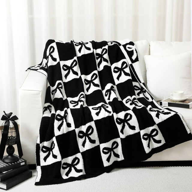 Buryeah Bow Knit Throw Blanket, 50 x 60 Inch Black and White Preppy Cute Reversible Knitted Throw Blanket, Coquette Cozy Soft Lightweight Plush Gift for Couch Sofa Bed Travel