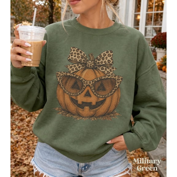 Yoofine Adult Leopard Pumpkin Sunglasses Bow Halloween Graphic Sweatshirt
