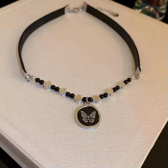 QQTDFG Punk 925 Silver Leather Choker Necklace Beads Butterfly Chain Women Party Gift-#1