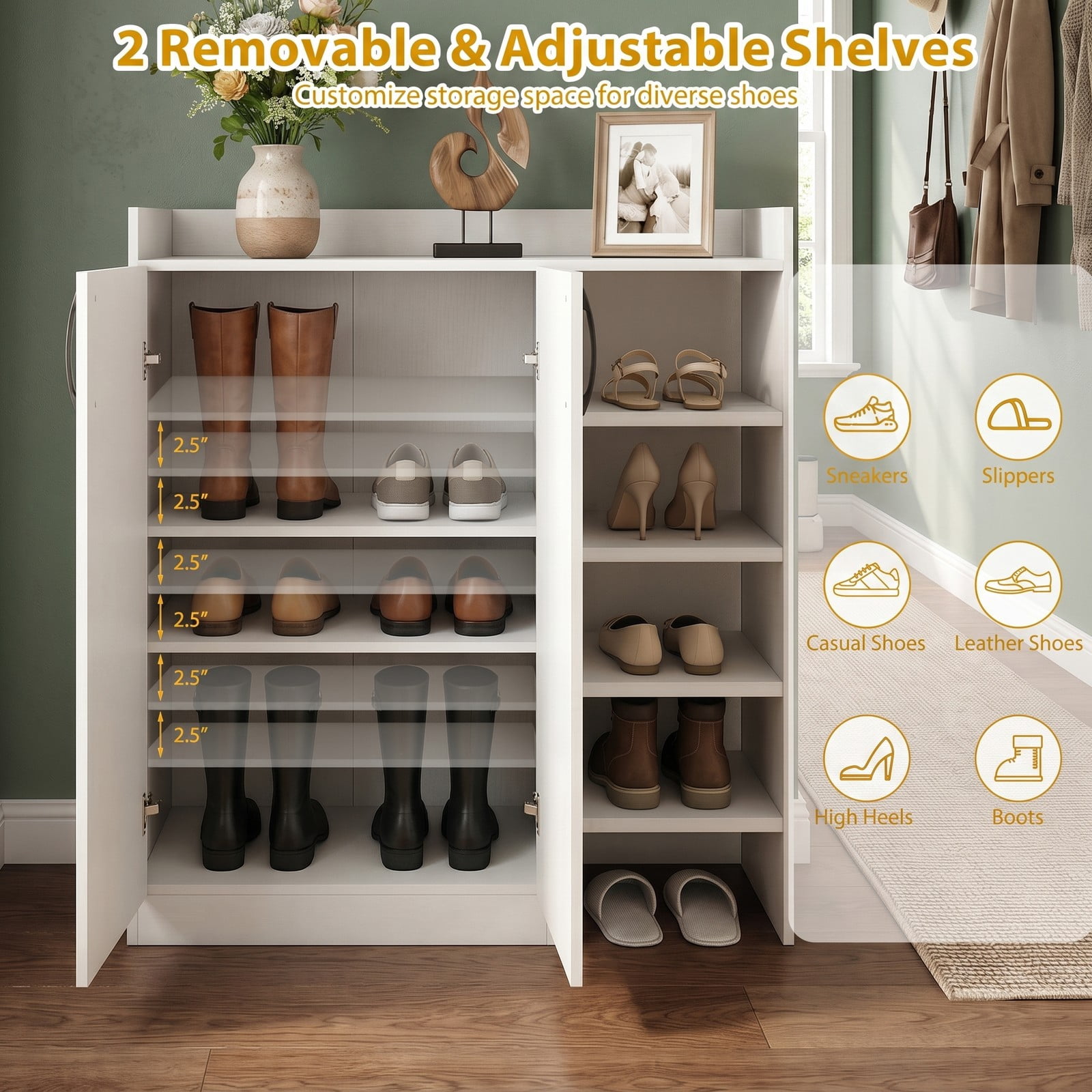 Furnibear 2-Door Shoe Cabinet with 2 Adjustable Inner Shelves and Open Side Shelves for Entryway Closet and Living Room, White