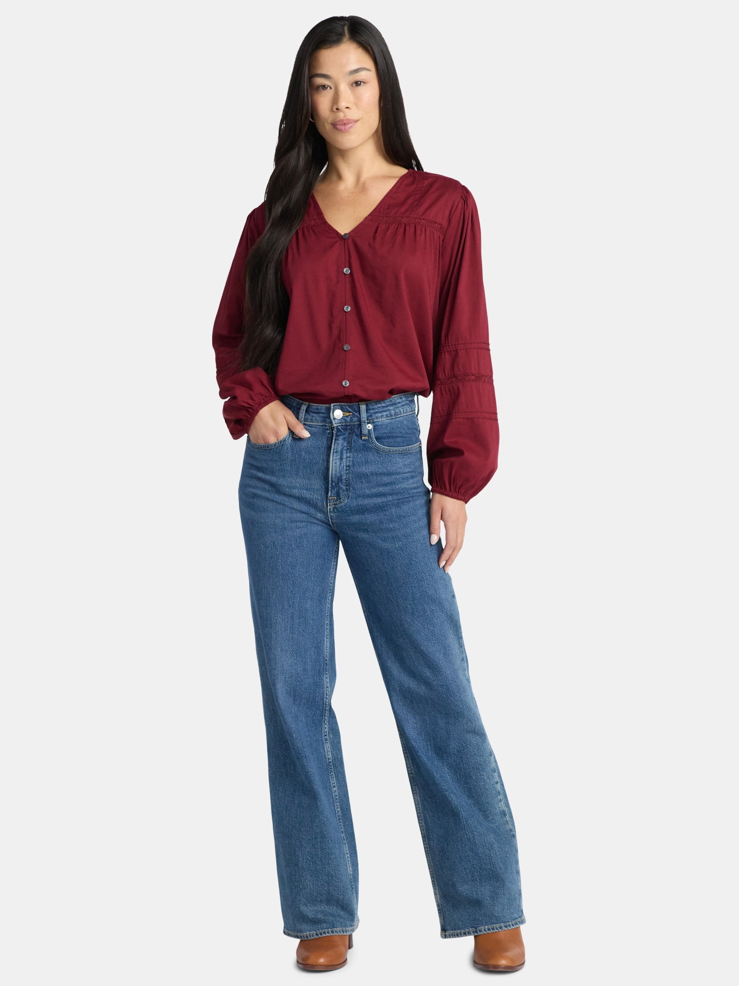 Time and Tru Women's Lace Inset Blouse with Long Sleeves, Sizes XS-XXXL