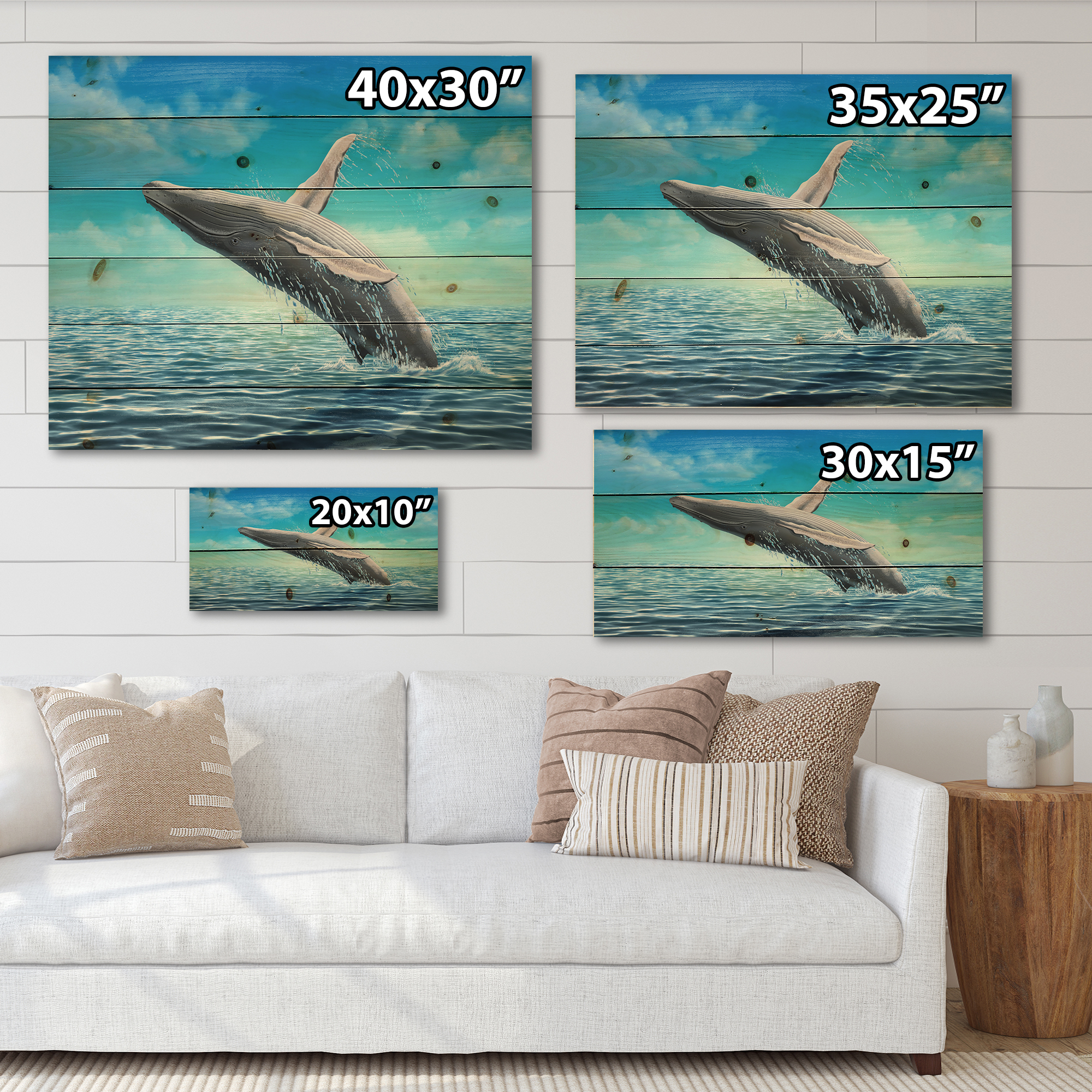 Designart 'Humpback Whale Jumping Out of Sea' Farmhouse Print on Natural Pine Wood