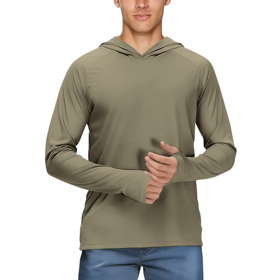 Men's UPF 50 Hooded Long Sleeve Shirt with Thumb Holes Quick Dry Moisture-Wicking for Fishing Hiking Running Outdoor Athletic Sun Protection Tops,Army Green,L